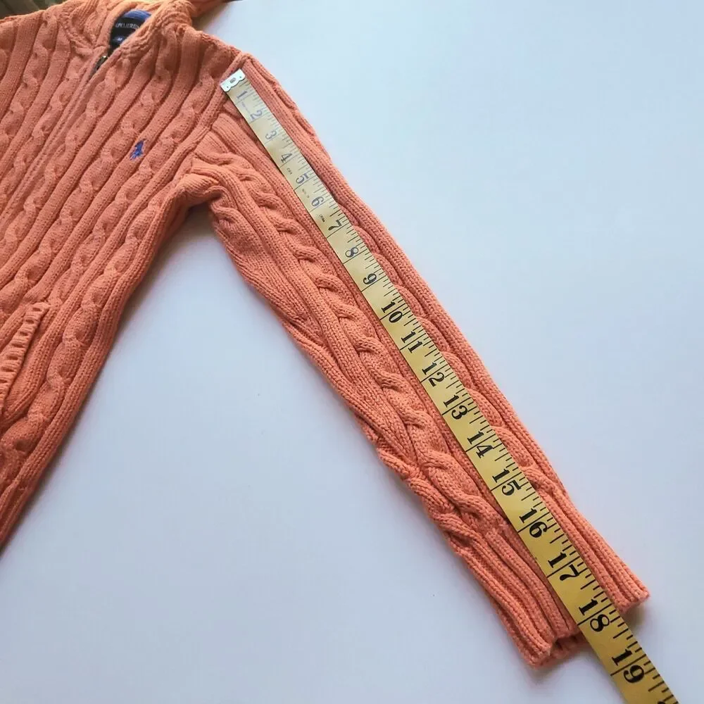 Ralph Lauren Hooded Sweater Kids M Cable Knit Full Zip Pony Logo Preppy Orange